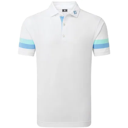 FOOTJOY 2026 SLEEVE STRIPE PIQUE GOLF POLO SHIRT 39280 - WHITE / BLUE REEF / SEAGLASS