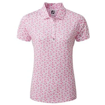 FootJoy Ladies Floral Print Lisle Golf Polo Shirt - White/Hot Pink