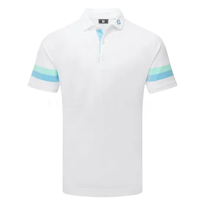 FootJoy Sleeve Stripe Pique Golf Polo Shirt White/Blue Reef/Sea Glass 39280
