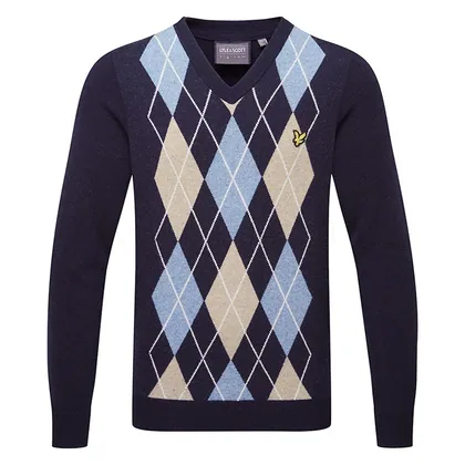 Lyle & Scott Lambswool Argyle V-Neck Golf Sweater Dark Navy/Cornflower Blue Marl KN2292G