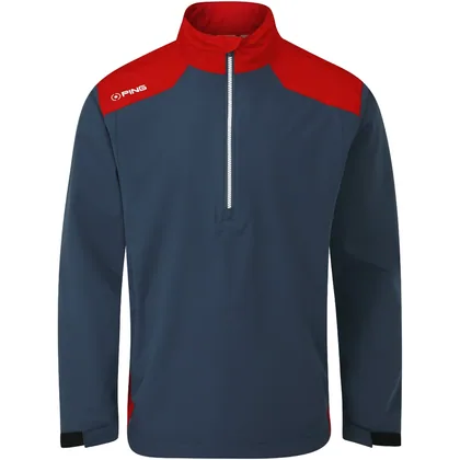 PING 2026 AQUADRIVE WATERPROOF HALF ZIP GOLF JACKET - OXFORD BLUE / CLASSIC RED