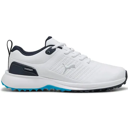 PUMA 2026 FUSION PLUS SPIKELESS GOLF SHOES - WHITE / BLUE / NAVY