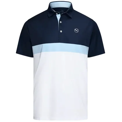 PUMA PURE COLOURBLOCK GOLF POLO SHIRT - DEEP NAVY / WHITE GLOW
